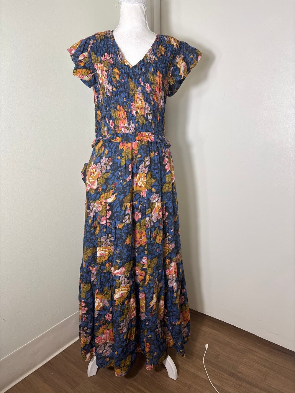 Sea New York Blue Floral Flutter Sleeve Smocked Maxi Dress Sz 8